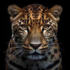 Fototapeta premium Majestic Leopard Staring Intently with Golden Eyes on Black Background