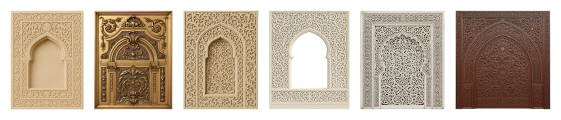 Decorative carved architectural panel set including Islamic, Moorish, and Baroque styles isolated. Interior design and cultural decor elements.
