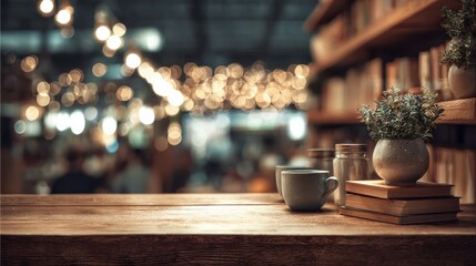 this stunning coffee shop photograph featuring a cozy shelf and table setup perfect for a cafe or restaurant decor the bokeh effect in the background adds a touch of magic to the scene 