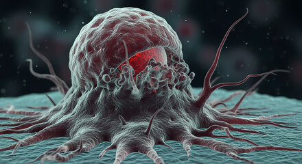 A detailed 3D illustration of a single, aggressive cancer cell with irregular protrusions and a visible nucleus, representing cellular pathology and disease.