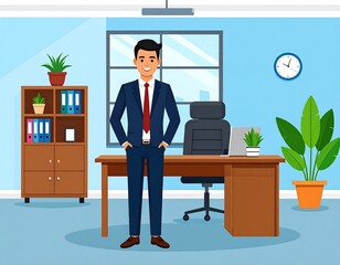 Professional cartoon character standing in contemporary office setting