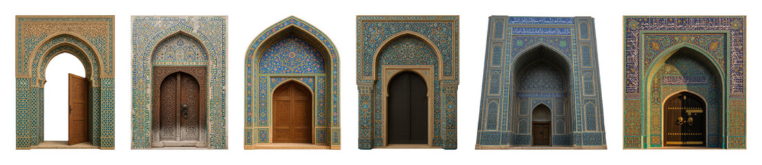 Ornate Islamic archways set including various tiled doorways and carved wooden entrances isolated. Architectural design elements.
