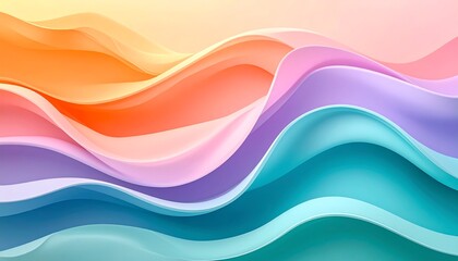 Vibrant, abstract flowing forms in warm, pastel hues create a sense of motion and depth, resembling undulating waves