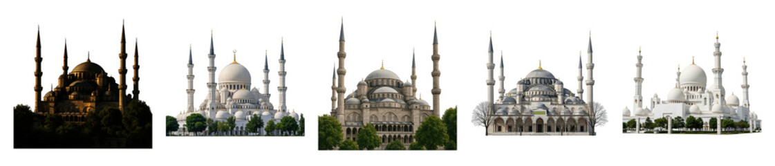 Fototapeta premium Mosque architecture set including various historical and modern styles isolated. Islamic religion and travel collection.