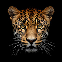 Obraz premium Majestic Leopard Staring Intently with Golden Eyes on Black Background