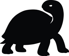 Fototapeta premium Minimal vector silhouette, tortoise turning head back, tail visible, side view, solid black