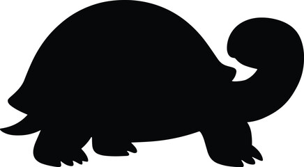 Minimal vector silhouette, tortoise turning head back, tail visible, side view, solid black