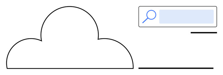 Minimalist cloud shape paired with search bar icon, representing data storage, search functionality, digital access, technology, organization, internet solutions, and simple landing page