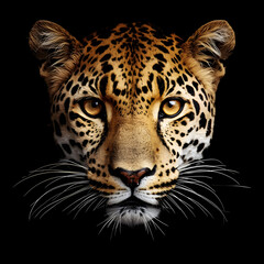 Obraz premium Majestic Leopard Staring Intently with Golden Eyes on Black Background