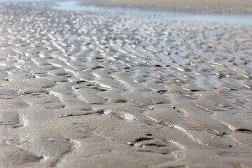 Selective focus of brown beach with puddle, Very fine wet sand mud texture, Beautiful structure and texture, Nature pattern background, Can be used as backdrop for display or montage your products.