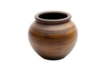 Rustic handmade brown clay pot with etched design on transparent background