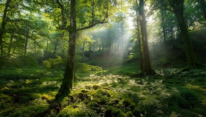 A Serene Forest Scene With Lush Greenery And Soft Light Filtering Through The Trees