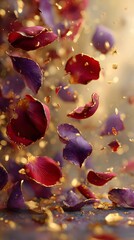 Elegant rose petals with gold leaf accents cascade in a dreamlike, luxurious display