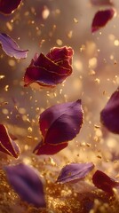 Elegant purple rose petals with gold accents float in a dreamy, sparkling golden atmosphere