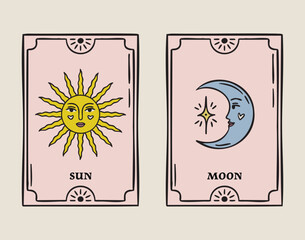 Two tarot cards sun and moon with faces, mystical duo, hand drawn
