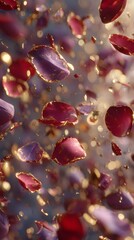 Elegant rose petals with golden edges float gently creating a magical, luxurious atmosphere.