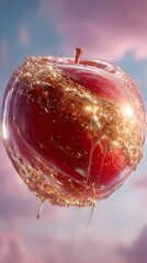 Stunning glistening red apple with gold flakes and dripping liquid against a soft sky background