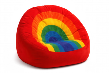 Vibrant rainbow-patterned red beanbag chair sitting against transparent background, offering playful seating design with bold color impact
