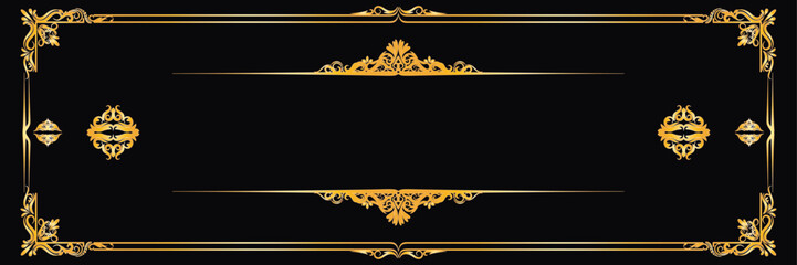Elegant decorative golden frame in vintage style on black background, perfect for invitations, menus, certificates, and design projects.