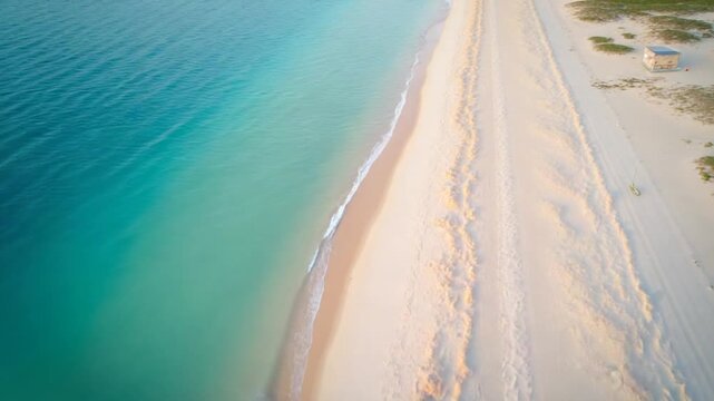 Drone view of a beautiful sandy beach with clear water at dawn. Seascape