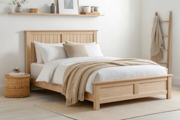 Comfortable wooden bed frame with soft pillows and cozy blanket in a bright room