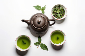 Asian tea set - iron teapot and ceramic cups with green tea and leaves. Traditional tea composition on white background, copy space.