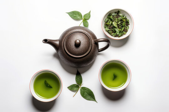 Asian tea set - iron teapot and ceramic cups with green tea and leaves. Traditional tea composition on white background, copy space.