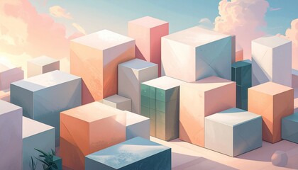 Abstract cityscape featuring pastel colored geometric shapes with a serene sky background