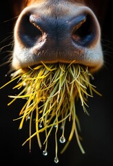 Fototapeta premium Close-up of cow muzzle eating fresh green grass with water droplets