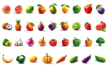 A colorful assortment of fruits and vegetables set isolated on a white background. Includes apples, bananas, peppers, and more, all with shadows.