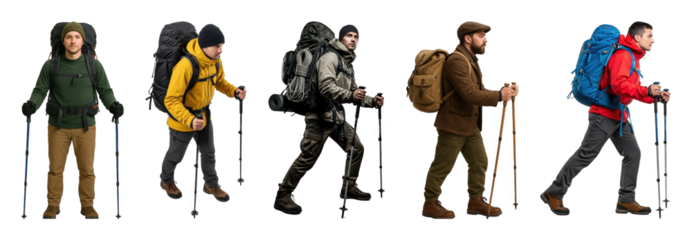 Hikers set including men with backpacks and trekking poles in various poses isolated. Outdoor adventure and active lifestyle.