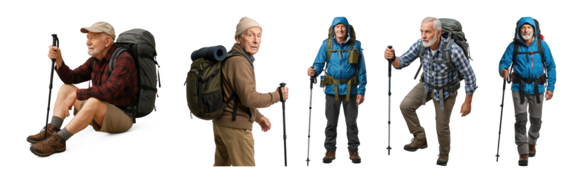 Active senior hiker set including men in various poses with trekking poles and backpacks isolated. Outdoor adventure and healthy lifestyle. - Powered by Adobe