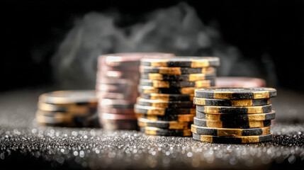 Stacks of black and gold casino chips arranged on a glittering surface with a dark smoky background representing gambling and high stakes play atmosphere