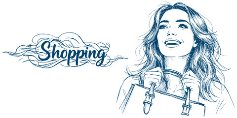Creative vector set: Woman smiling while holding shopping bags in minimalist style  