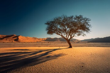 Naklejka premium Lone tree casting long shadow in vast desert landscape at sunset