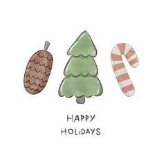 Cartoon Christmas tree, candy, spruce cone, hand drawing lettering, décor elements. holiday theme. Colorful illustration, flat style. design for greeting cards, print, poster