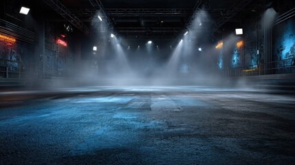 a dark empty street featuring abstract blue asphalt serves as a dramatic backdrop for a studio setup complete with neon lights spotlights and smoky ambiance