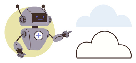 Robot with a cross symbol on chest gestures towards abstract clouds, connecting themes of AI, healthcare tech, data storage, future innovation, cloud computing, robotics, and digital solutions. Ideal