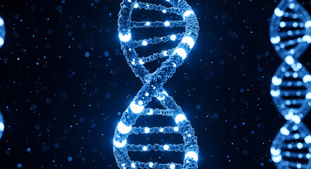 A glowing blue double helix DNA strand with intricate details and shimmering particles against a dark background, representing genetic science and molecular biology.