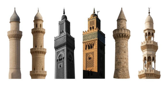 Minaret set including varied stone constructions, intricate carvings, and historical styles isolated. Islamic architecture and religious structures collection.