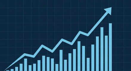 A rising blue bar graph with an upward trending line chart, illustrating positive growth and financial progress against a dark grid background.