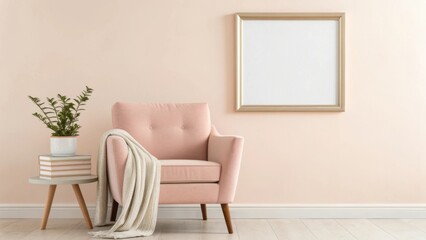 Cozy pink armchair with blanket and flowers by a side table in a warmly lit room