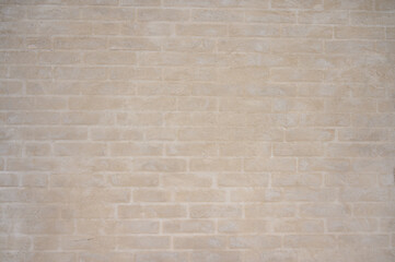 The wall features a variety of muted beige bricks with different textures, creating an inviting atmosphere suitable for artistic displays or interior designs. Natural light enhances the appearance