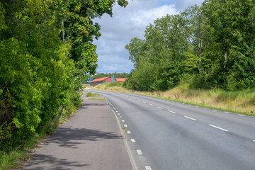 A serene country road winds gently through a vibrant landscape adorned with lush trees and verdant grass. A distant red building can be seen, adding a pop of color against the blue sky