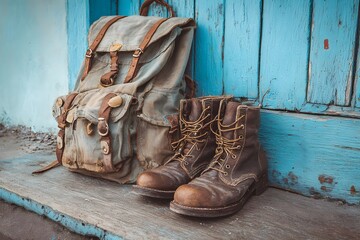 Worn leather boots and rugged canvas backpack resting by blue wall