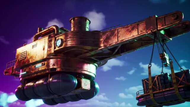 Steampunk airship delivers cargo through vibrant twilight sky, pushing boundaries of imagination