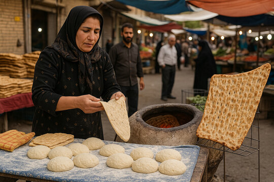 Preparing traditional bread on street market in Lorestan Province. Iran stock photo 