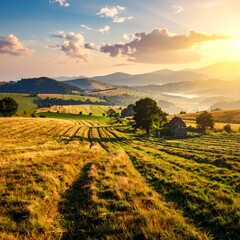 Obraz premium Golden sunset over a mountain valley
