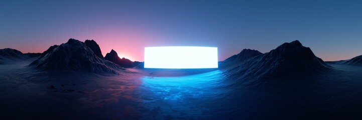 A fantasy landscape featuring black rocky mountains and a glowing neon screen.3d render illustration. Cinematic sci-fi panorama of dark rocky terrain. © NeoLeo