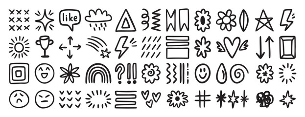 Random hand drawn doodle icons set with smiley faces, stars, flowers, arrows and symbols